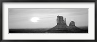 Framed East Mitten and West Mitten buttes at sunset, Monument Valley, Utah BW