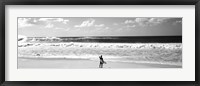 Framed Surfer standing on the beach, North Shore, Oahu, Hawaii BW
