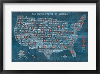 Framed US City Map on Wood Blue