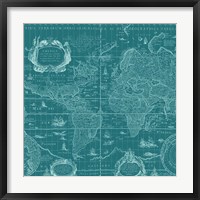 Framed Blueprint World Map, teal