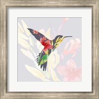 Framed Grey Floral Hummingbird