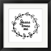 Framed 'Jesus Loves Me - Wreath Doodle White' border=