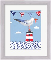 Framed Coastal Bird I Flags on Blue