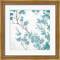 Framed 'Teal Cherry Blossoms II on Cream Aged no Bird' border=