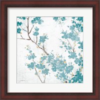 Framed 'Teal Cherry Blossoms II on Cream Aged no Bird' border=