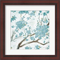 Framed 'Teal Cherry Blossoms I on Cream Aged no Bird' border=