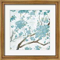 Framed 'Teal Cherry Blossoms I on Cream Aged no Bird' border=