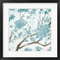 Teal Cherry Blossoms I on Cream Aged no Bird Framed Print