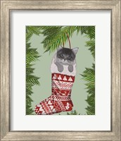 Framed Grey Kitten in Christmas Stocking