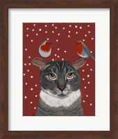 Framed Grey Cat and Robins