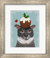 Framed Grey Cat and Christmas Pudding
