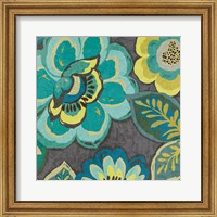 Framed 'Floral Assortment Teal on Dark Grey Crop I' border=