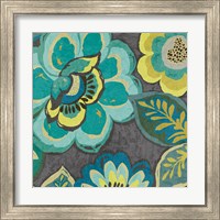 Framed 'Floral Assortment Teal on Dark Grey Crop I' border=