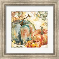 Framed 'Watercolor Harvest Teal and Orange Pumpkins I' border=