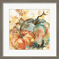 Framed 'Watercolor Harvest Teal and Orange Pumpkins II' border=