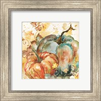 Framed 'Watercolor Harvest Teal and Orange Pumpkins II' border=