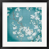 White Cherry Blossoms II on Teal Aged no Bird Framed Print