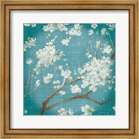 Framed 'White Cherry Blossoms I on Teal Aged no Bird' border=