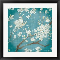 Framed 'White Cherry Blossoms I on Teal Aged no Bird' border=