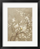 White Cherry Blossom I Neutral Crop Bird Framed Print