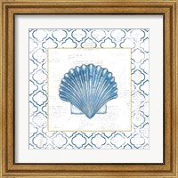 Framed 'Navy Scallop Shell on Newsprint with Gold' border=