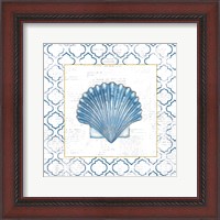 Framed 'Navy Scallop Shell on Newsprint with Gold' border=