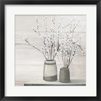 Framed Pussy Willow Still Life Gray Pots Shiplap