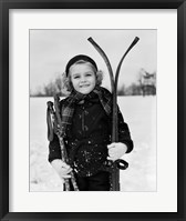 Framed 1930s Little Girl Standing Holding Skis