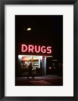 Framed 1980s Drug Store At Night Pink Neon Sign