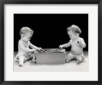 Framed 1930s 1940s Twin Babies Playing Game Of Checkers