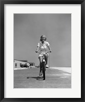 Framed 1940s Summer Time Smiling Woman Riding Bike On Beach Boardwalk
