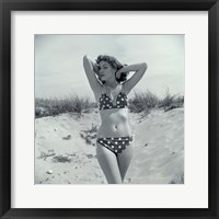 Framed 1950s Brunette Beauty In Polka Dot Bikini Standing In Sand