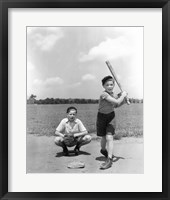 Framed 1930s Two Boys Batter And Catcher Playing Baseball