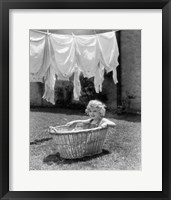 Framed 1930s 1940s Girl Outdoors Sitting In Laundry Basket