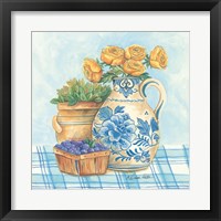 Framed 'Blue and White Pottery with Flowers II' border=