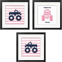 Framed 'Monster Truck Graphic Pink 3 Piece Framed Art Print Set' border=