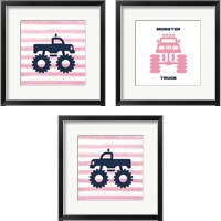 Framed 'Monster Truck Graphic Pink 3 Piece Framed Art Print Set' border=