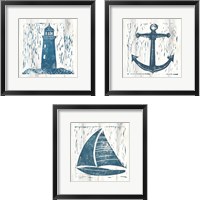 Framed 'Nautical Collage On White Wood 3 Piece Framed Art Print Set' border=