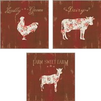 Framed 'Farm Patchwork Red 3 Piece Art Print Set' border=