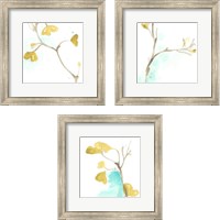 Framed 'Teal and Ochre Ginko 3 Piece Framed Art Print Set' border=