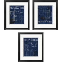 Framed 'Coffee Blueprint Indigo 3 Piece Framed Art Print Set' border=