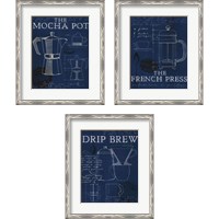 Framed 'Coffee Blueprint Indigo 3 Piece Framed Art Print Set' border=