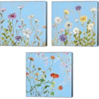 Framed 'Wild Flowers on Cerulean 3 Piece Canvas Print Set' border=