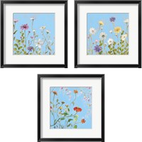 Framed 'Wild Flowers on Cerulean 3 Piece Framed Art Print Set' border=