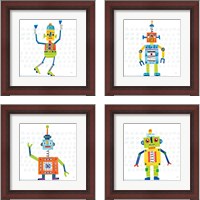 Framed 'Robot Party on Squares 4 Piece Framed Art Print Set' border=