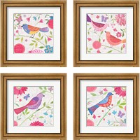 Framed 'Damask Floral and Bird 4 Piece Framed Art Print Set' border=