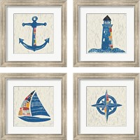 Framed 'Nautical Collage on Linen 4 Piece Framed Art Print Set' border=