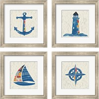 Framed 'Nautical Collage on Linen 4 Piece Framed Art Print Set' border=