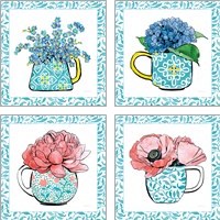 Framed 'Floral Teacup Vine Border 4 Piece Art Print Set' border=