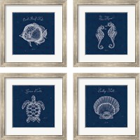 Framed 'Underwater Life Navy 4 Piece Framed Art Print Set' border=